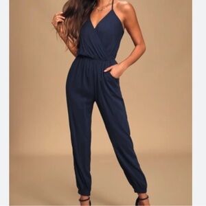 LULUS Learning to Fly Navy Blue Halter Jumpsuit size XS